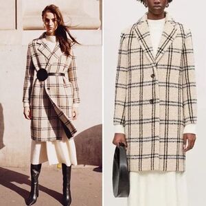 MAJE Checked Print Woven Coat in Ecru, Cream Beige Black Plaid Windowpane, Sz S